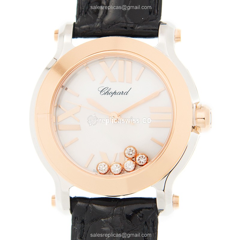 Chopard Happy Sport Replica - Quartz - 18kt Rose Gold - White Dial - Black Alligator Strap